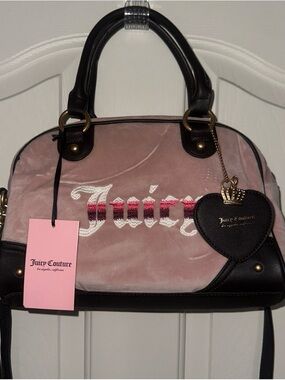 Juicy Couture Pink Velvet Dome Satchel with dark Brown Trim and Heart Charm
